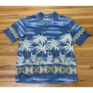 Winnie‎ Fashion Mens Hawaiian Shirt Button 100% Cotton XL Blue Tropical Vacation